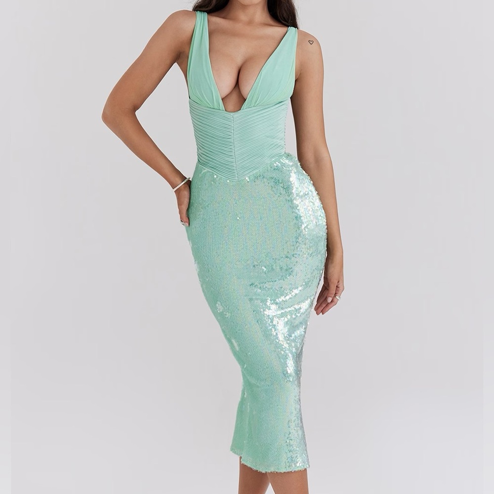 House of CB THALA Seafoam Sequin Corset Midi Dress Mint Green Nordstrom
